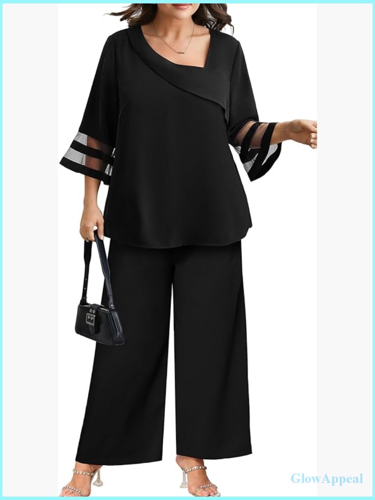 Plus Size 2 Piece Pant Suit Dressy Mesh Bell Sleeve Outfits